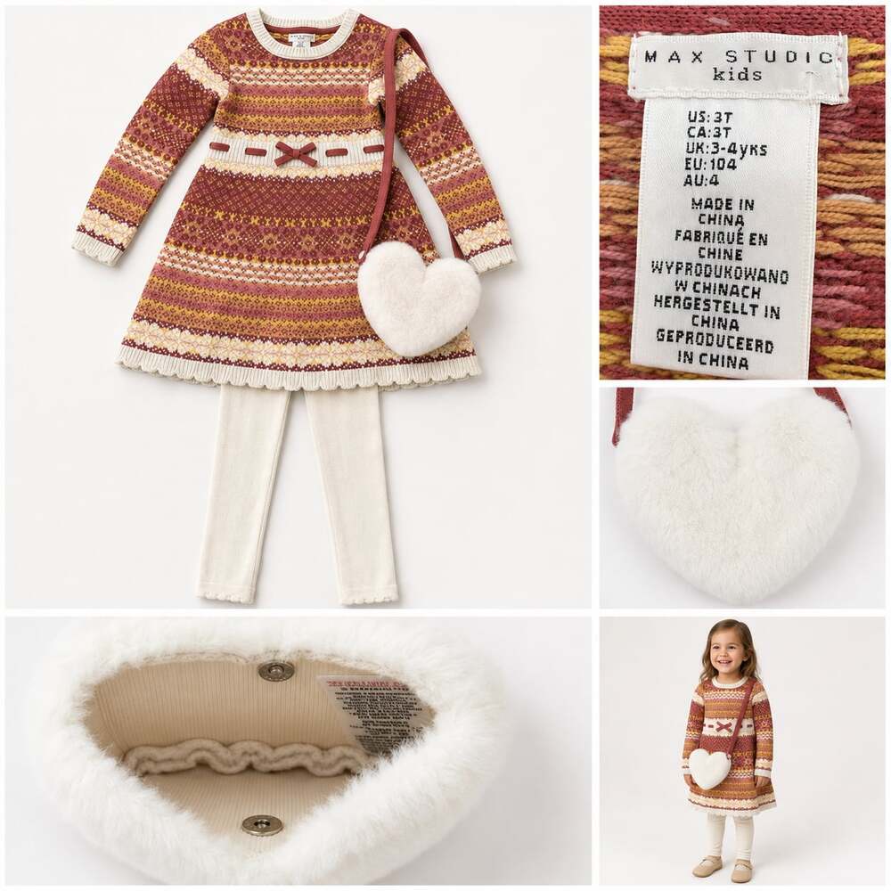 Max Studio Kids Fair Isle Sweater Dress and Leggings with Faux Fur Heart Purse
